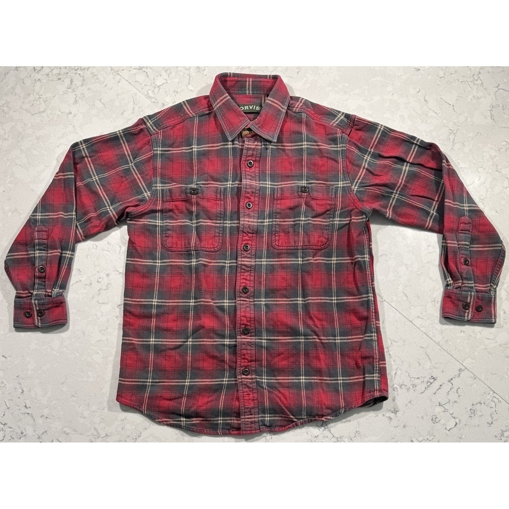 Orvis Perfect Flannel Shirt Mens Medium Red Green Plaid Long Sleeve Outdoor